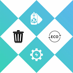 Set Trash can, Gear and lightning, Tag with recycle and Label for eco healthy food icon. Vector