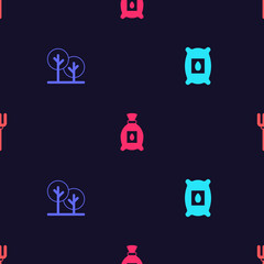 Set Pack full of seeds of plant, Tree, and Garden pitchfork on seamless pattern. Vector