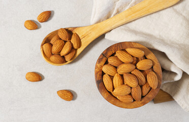 Almond Nuts Wooden Bowl And Spoon