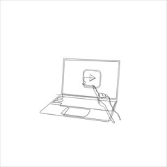 hand drawn doodle hand push play video button on laptop illustration with continuous line drawing