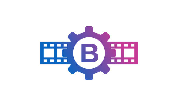 Initial Letter B Gear Cog Wheel with Reel Stripes Filmstrip for Film Movie Cinema Production Studio Logo Inspiration
