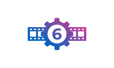 Number 6 Gear Cog Wheel with Reel Stripes Filmstrip for Film Movie Cinema Production Studio Logo Inspiration