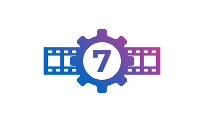Number 7 Gear Cog Wheel with Reel Stripes Filmstrip for Film Movie Cinema Production Studio Logo Inspiration