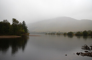 View of the mountains from Loch Awe, Scotland, UK with low cloud