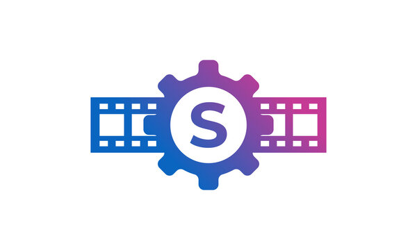Initial Letter S Gear Cog Wheel with Reel Stripes Filmstrip for Film Movie Cinema Production Studio Logo Inspiration