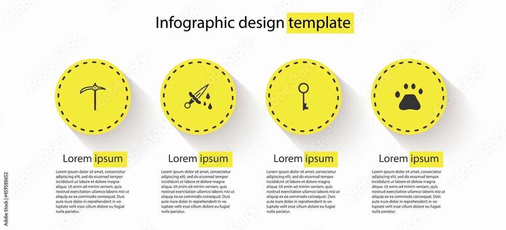 Sticker Set Pickaxe, Sword with blood, Old key and Bear paw footprint. Business infographic template. Vector