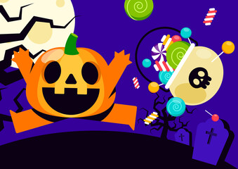 Happy halloween party template design background decorative with pumpkin and basket of candy