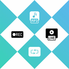 Set Record button, Repeat, MP3 file and Live stream icon. Vector