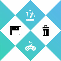 Set Furniture nightstand, Gamepad, Electric kettle and Trash can icon. Vector