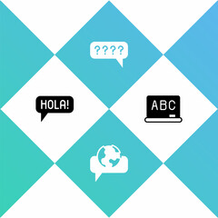 Set Hola in different languages, Learning foreign, Speech bubbles with Question and Chalkboard icon. Vector © vector_v