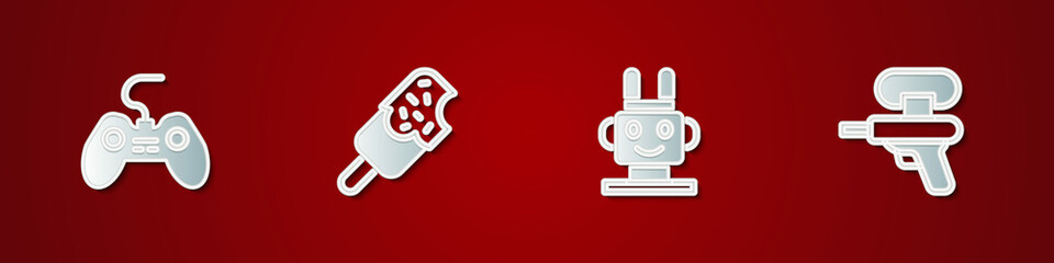 Set Gamepad, Ice cream, Robot toy and Water gun icon. Vector