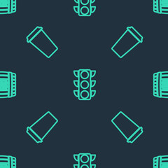 Set line Traffic light, Coffee cup and Wooden barrel with rum on seamless pattern. Vector