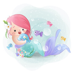 Lovely Little Mermaid Friends with a Fish