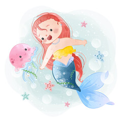Lovely Little Mermaid Swimming with a Jellyfish