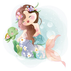 Lovely Little Mermaid with a Baby Turtle