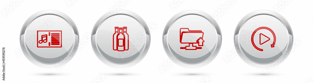 Poster set line music book with note, bottles of wine, ftp folder upload and video play button. silver circ