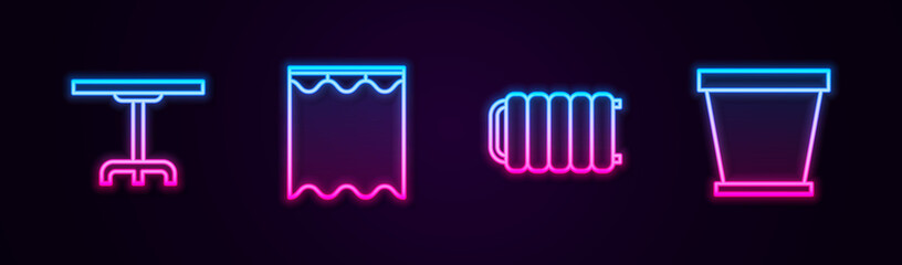 Set line Round table, Curtains, Heating radiator and Flower pot. Glowing neon icon. Vector