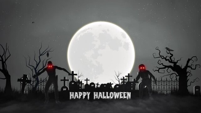 Happy Halloween Animation Loop with laughing moon and two zombies