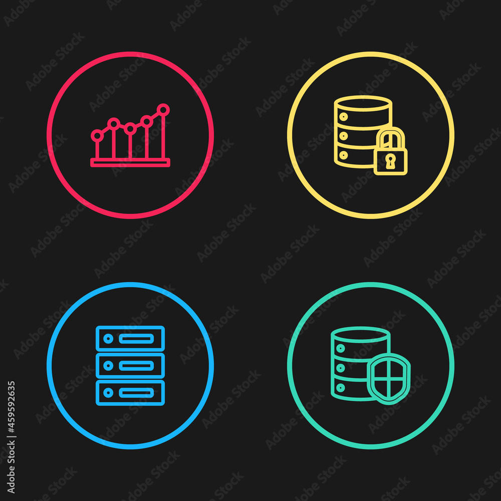 Poster set line server, data, web hosting, with shield, security lock and pie chart infographic icon. vecto