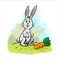 White Bunny Cartoon Character with Carrot