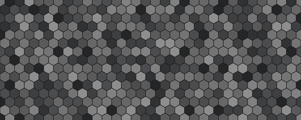 Vector abstract, geometric background, metallic gray hexagonal shapes on a dark background. For banner, print design, social networks, place for text. Copyspace.