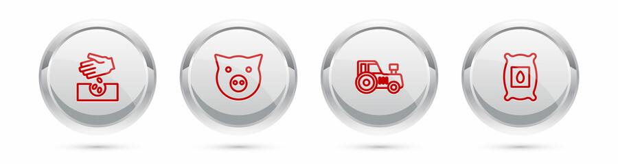 Set line Seeds, Pig, Tractor and Pack full of seeds of plant. Silver circle button. Vector