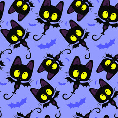 Vector seamless Halloween pattern made up of  bats and funny flying black kittens with wings on a blue background.