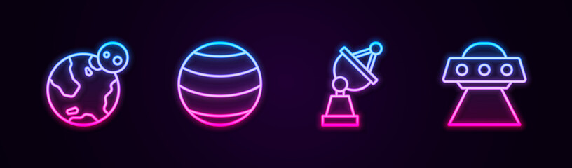 Set line Earth globe, Planet, Satellite dish and UFO flying spaceship. Glowing neon icon. Vector