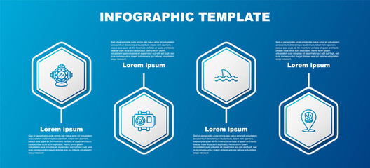 Set line Aqualung, Photo camera for diver, Shark and Scallop sea shell. Business infographic template. Vector