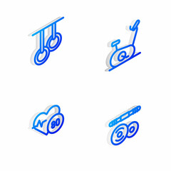 Set Isometric line Stationary bicycle, Gymnastic rings, Heart rate and Barbell icon. Vector