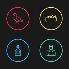 Set line Rum bottle, Sailor captain, Sharp stone reefs and Bird seagull icon. Vector