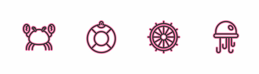 Set line Crab, Ship steering wheel, Lifebuoy and Jellyfish icon. Vector