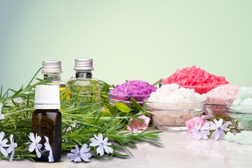 Assortment of organic essential oils. Natural moisturizing body and face treatment concept