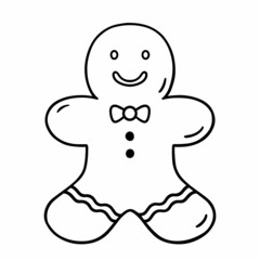 Smiling gingerbread man cookie isolated on white background. Symbol of Merry Christmas and Happy New Year. Vector hand-drawn illustration in doodle style.Perfect for holiday designs, cards, decoration