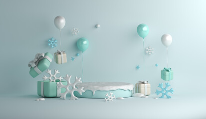Fototapeta na wymiar Winter display podium decoration background with balloon, snowflakes, gift box, copy space text, 3D rendering illustration
