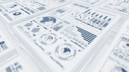 Bundle of sheets of white paper. White desk in office. Business and education concept. Moving graph and chart. Loop animation.