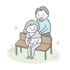 笑顔で会話する老夫婦