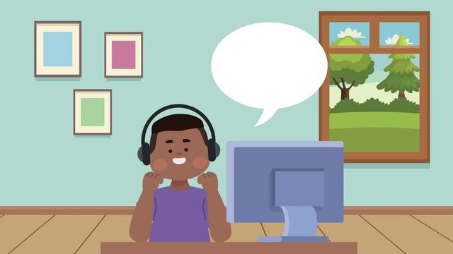afro little student boy with desktop animation