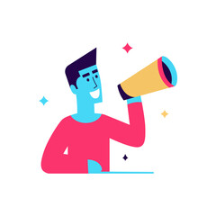 Persona, hombre hablando por megáfono. Altoparlante, altavoz. Concepto de comunicación. Informar o anunciar. Amplificador para aumentar el volumen del sonido y difundirlo. Ilustración vectorial