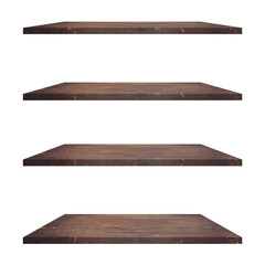 4 Wood shelves table isolated on white background and display montage for product.