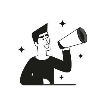 Persona, hombre hablando por meg&aacute;fono. Altoparlante, altavoz. Concepto de comunicaci&oacute;n. Informar o anunciar. Amplificador para aumentar el volumen del sonido y difundirlo. Ilustraci&oacute;n vectorial boceto
