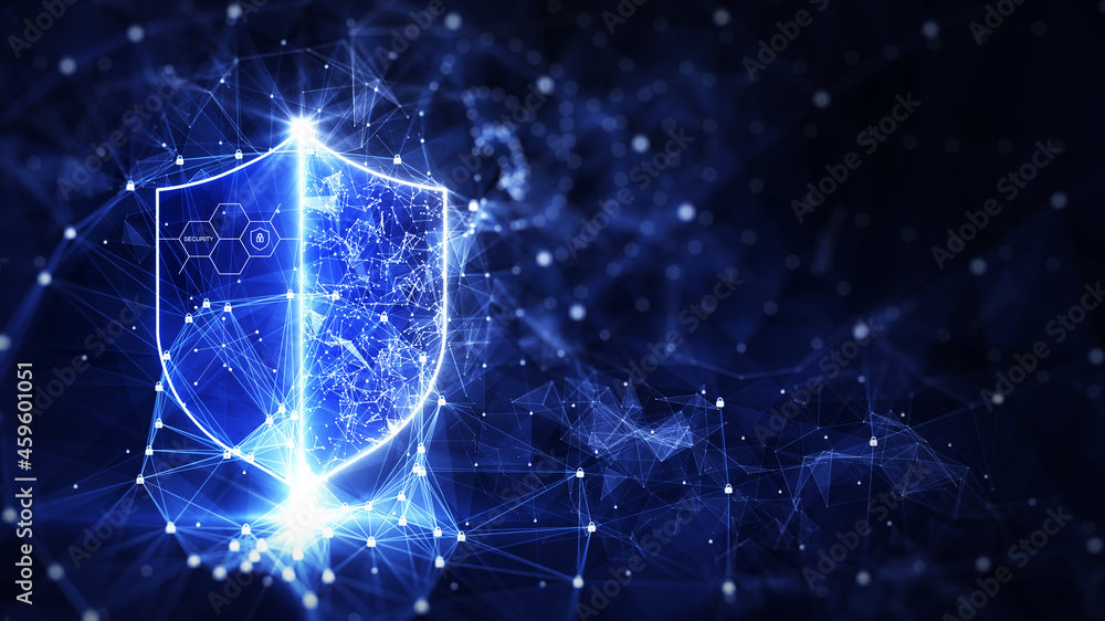 Poster data protection is a concept in cybersecurity and privacy technology. a shield with polygons covers 