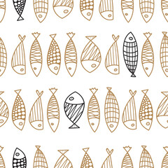 Cute line gold and black fish. Cute flowers. Kids background. Seamless pattern. Can be used in textile industry, paper, background, scrapbooking.