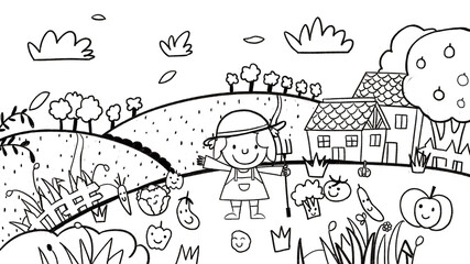 Vegetable Garden Farm drawing outline template for coloring and art class tutorials