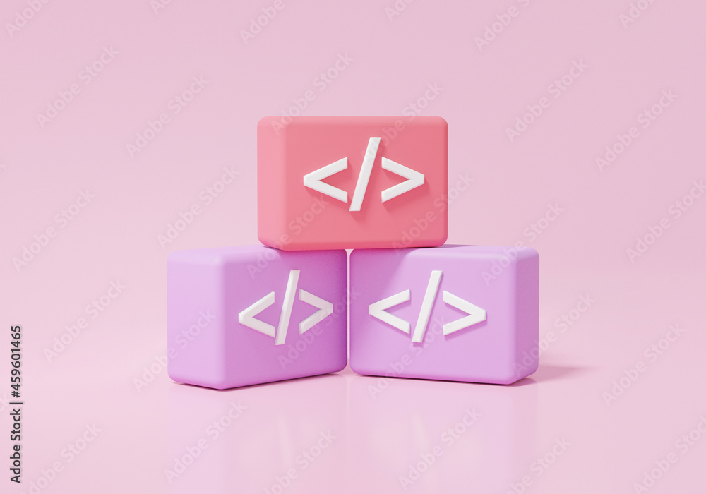 Poster coding language development icon on pink background. software developer concept. minimal cartoon syt