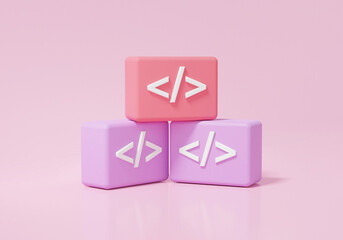 Coding language development icon on pink background. software developer concept. minimal cartoon sytle. 3d render illustration