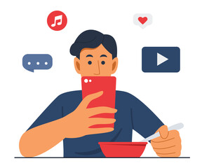 Man Eat Food While Watching Online Content on the Mobile Phone.