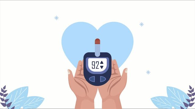diabetes disease animation with hands lifting glucometer and heart