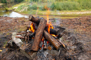bonfire made of pine sticks and branches is burning with bright orange warm warming flame with shining sparks, in open forest in nature for camping.