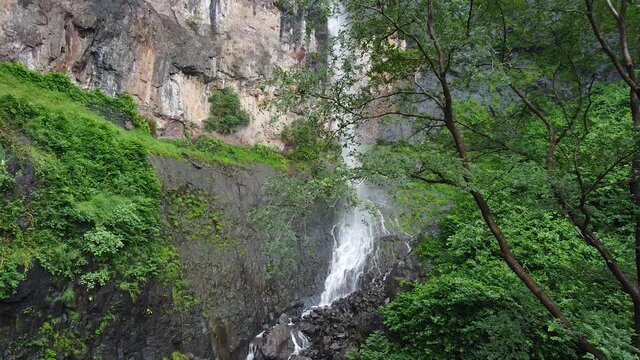 Drone Shot of Beautiful Waterfall on the hill. Pavagadh waterfall also known as kuniya Mahadev waterfall